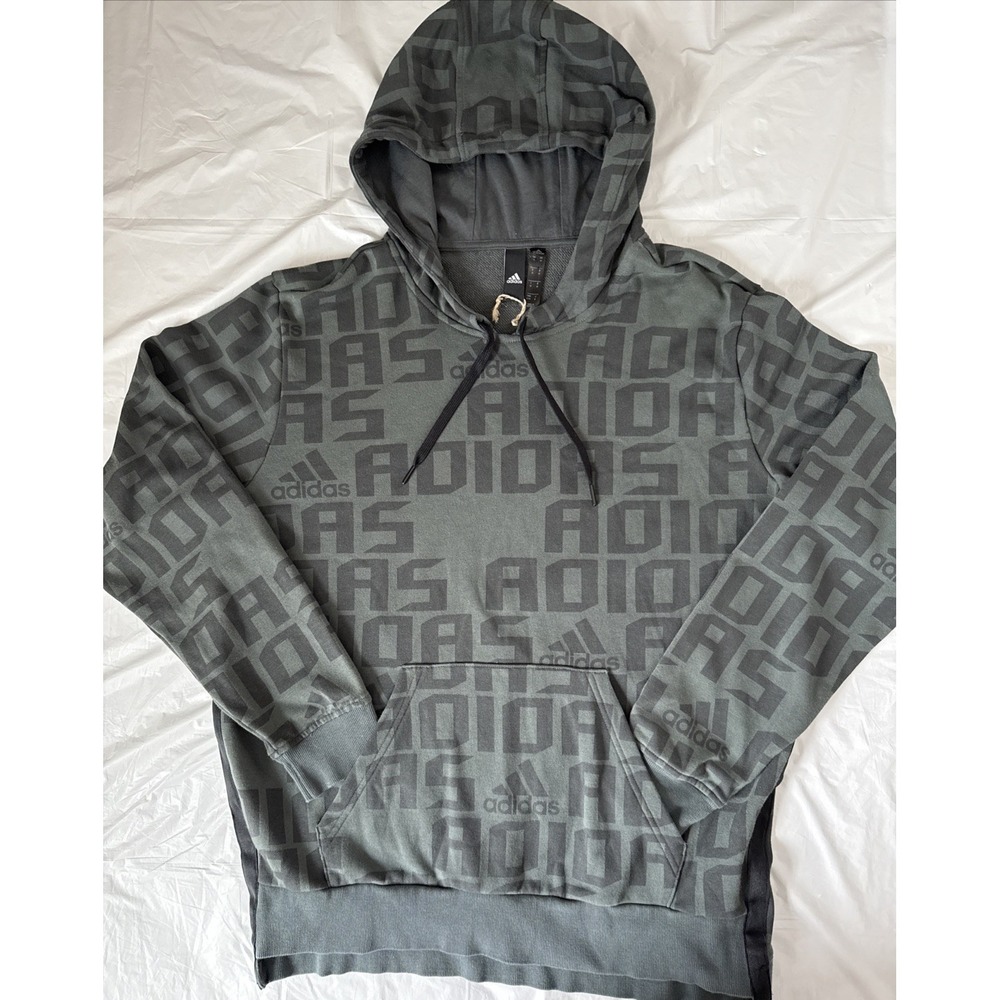 Adidas Hoodie Mens Medium Pull Over All Over Logo Spellout Sweatshirt Sweater - Picture 2 of 10
